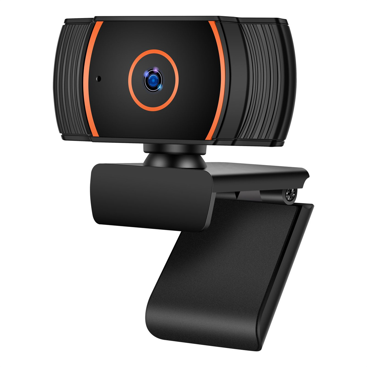 Eine schwarze Webcam mit orangefarbenen Akzenten, mit Linse, Mikrofon und einem Clip-On-Sockel.