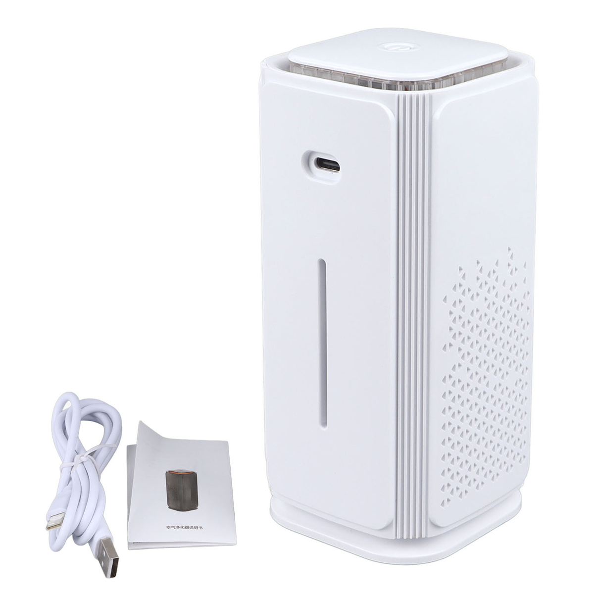Ein weißer Luftreiniger mit USB-Anschluss, Ladekabel und kleiner Bedienungsanleitung.