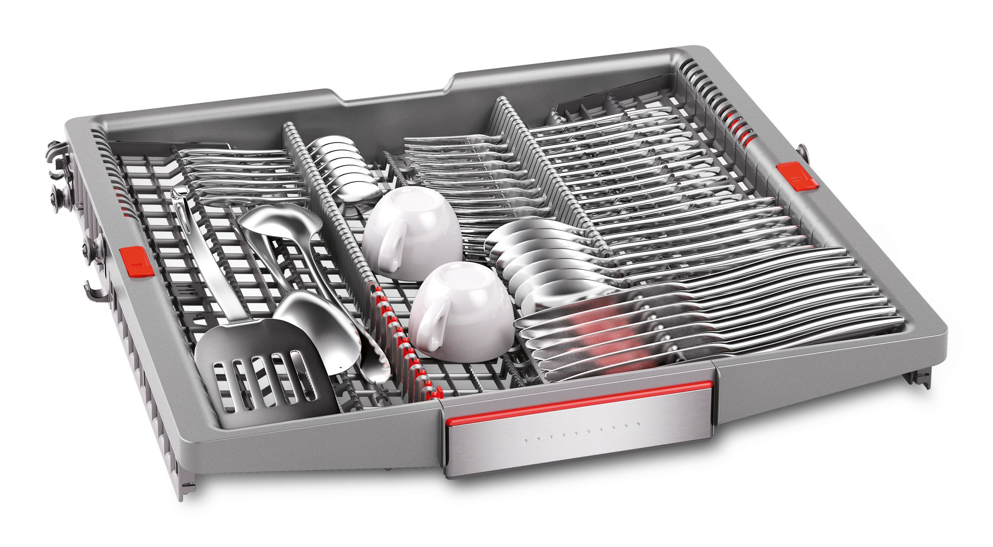 Taca zmywarki wypełniona sztućcami, w tym łyżkami, widelcami i nożami oraz dwoma białymi filiżankami.