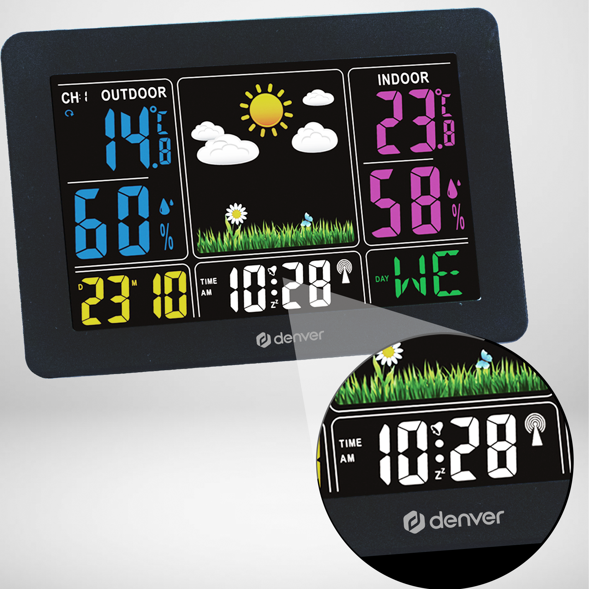 Stacja pogodowa pokazująca temperatury, wilgotność i czas.
