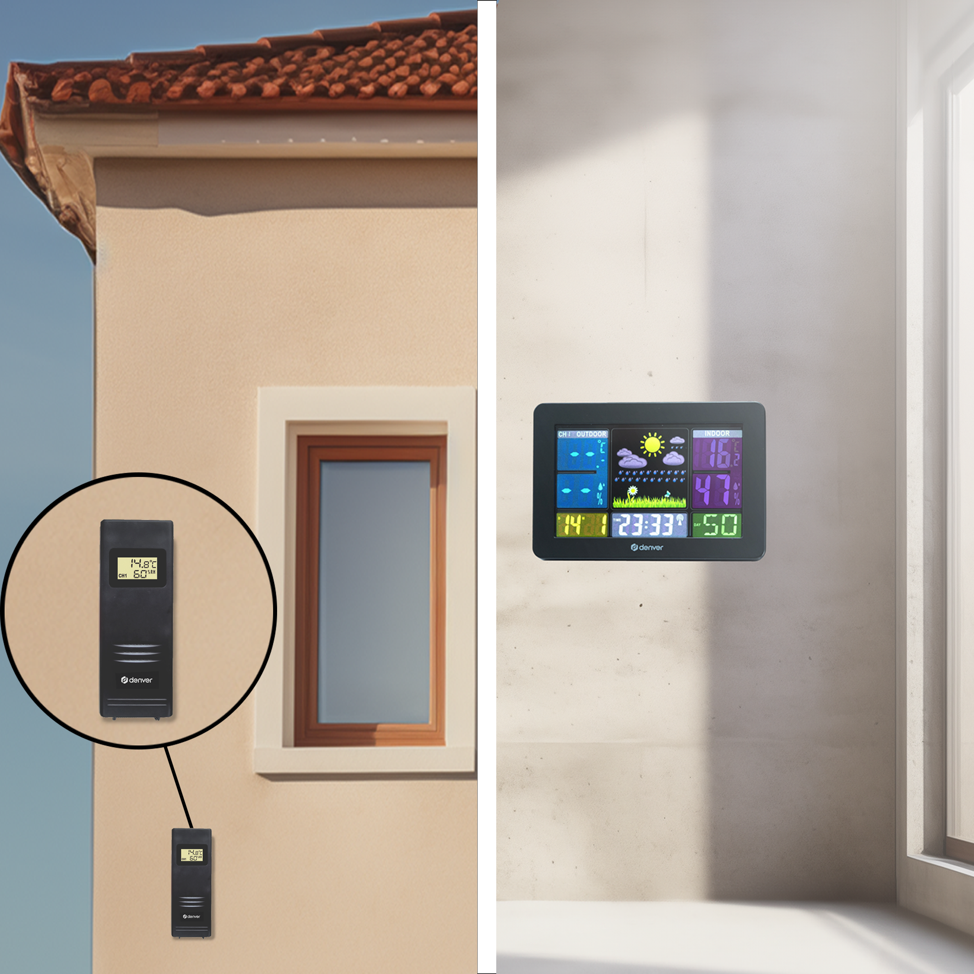 Stacja pogodowa z temperaturą. Jedna na zewnątrz, druga wewnątrz.