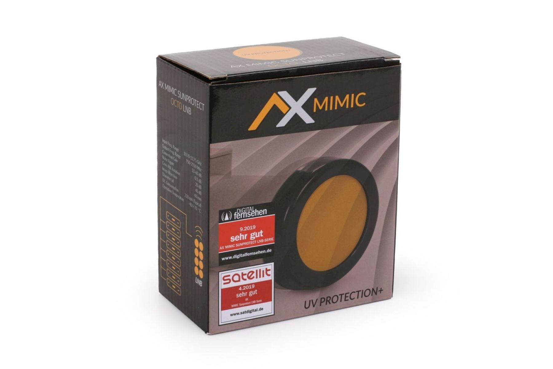 Schachtel mit Produktname AX MIMIC. Hat einen schwarzen Deckel und ein gelbes kreisförmiges Element.