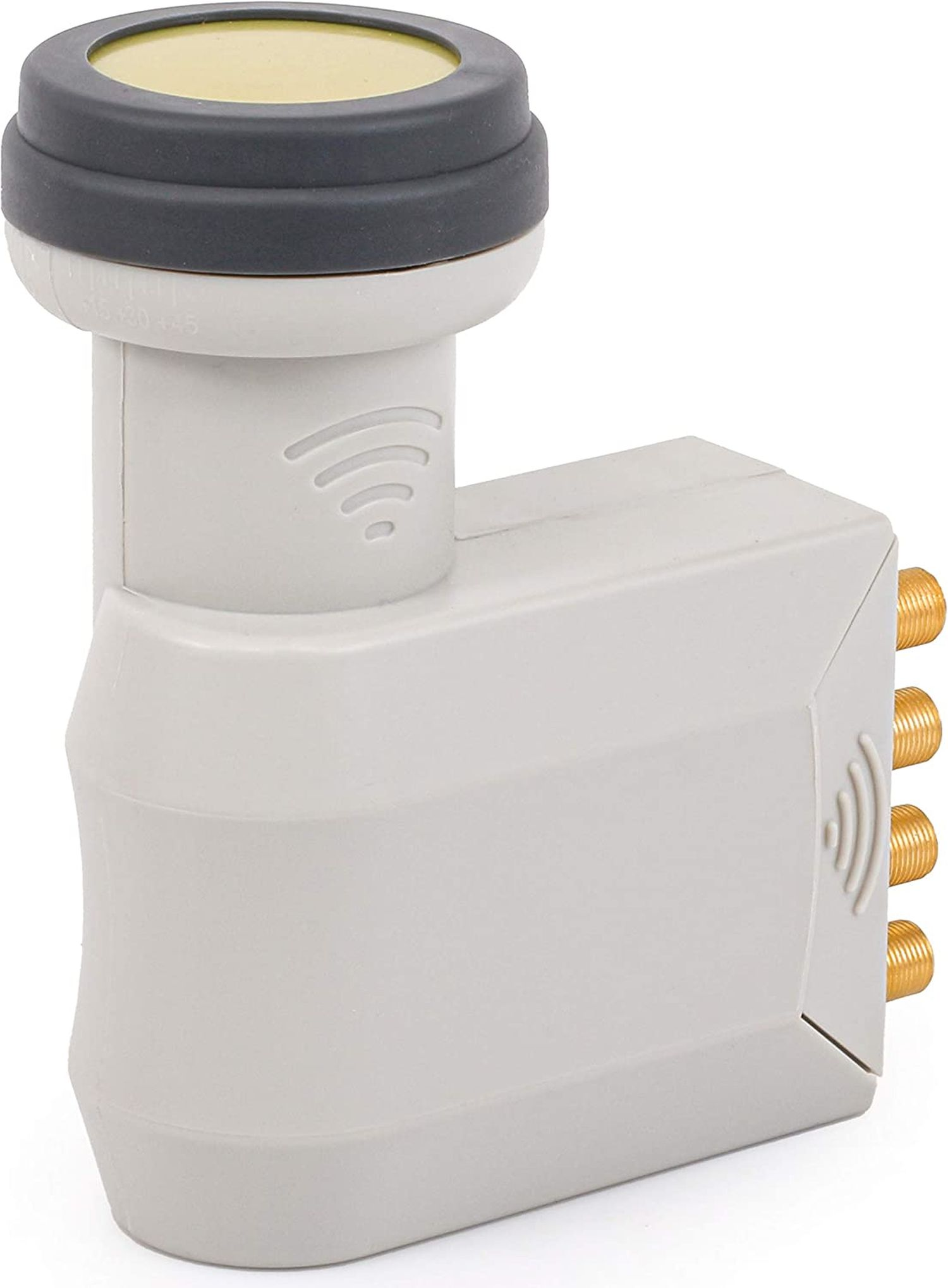 Ein weißer Satelliten-LNB mit grauem Deckel und drei goldenen Anschlüssen.