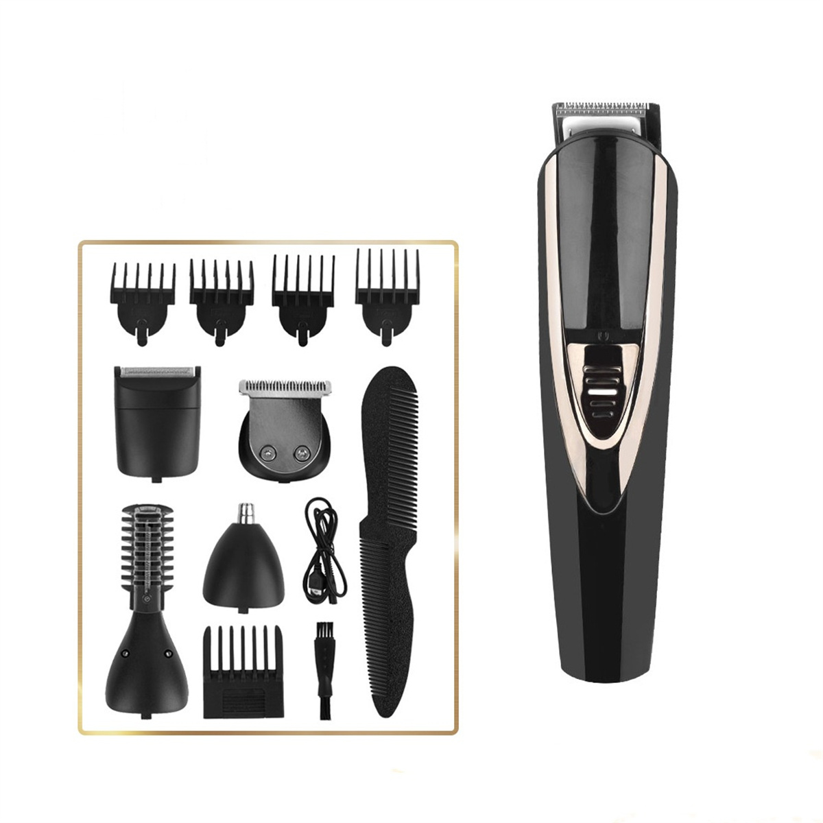 Ein schwarzes Haarschneide-Set mit mehreren Aufsätzen, einschließlich Kämmen, Klingen und einem Trimmer, auf weißer Oberfläche.