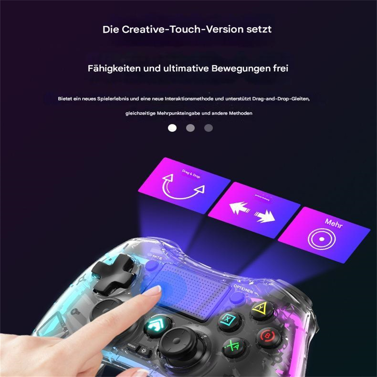 Die Hand einer Person, die einen Gamecontroller mit einem transparenten Gehäuse in Lila und Blau benutzt. Pfeile und Knöpfe sind sichtbar.