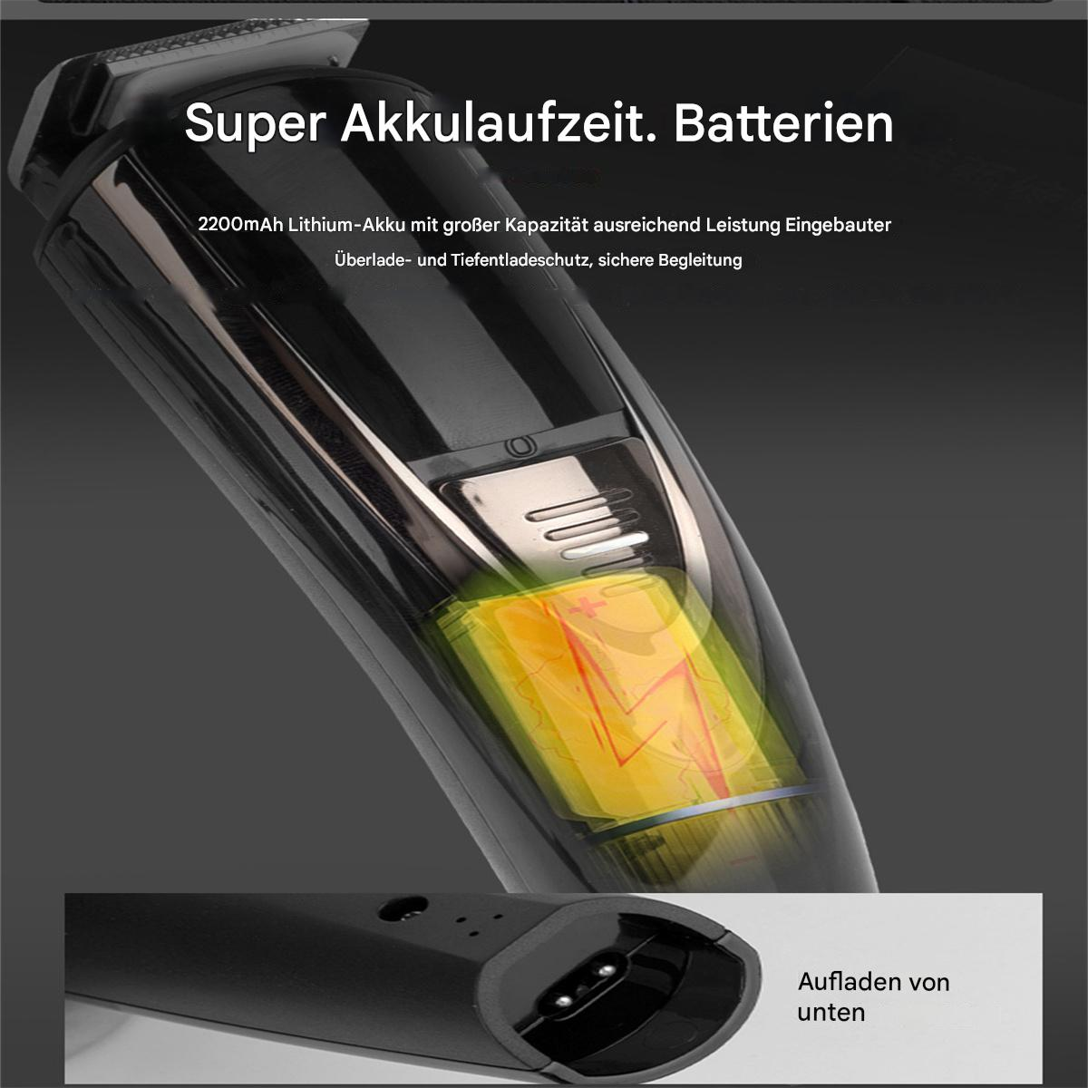 Schwarzer Elektrorasierer, mit sichtbaren Innenteilen. Text: Super Akkulaufzeit, Aufladen von unten.