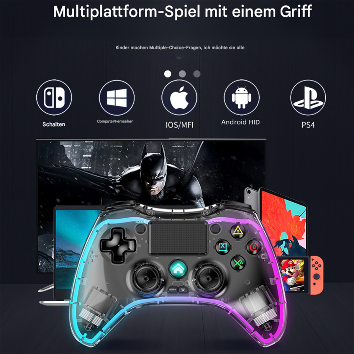 Spiel-Controller mit transparentem Gehäuse und mehrfarbigen Lichtern. Symbole für verschiedene Plattformen sind sichtbar.