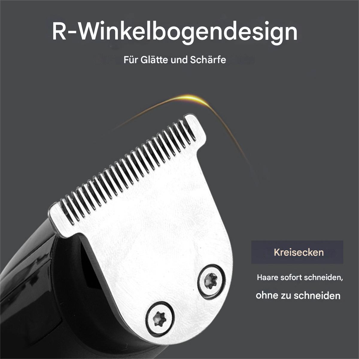 Nahaufnahme eines Scherkopfes. Text: 'R-Winkeldesign'. Der Clipper ist silberfarben mit Schneidezähnen.