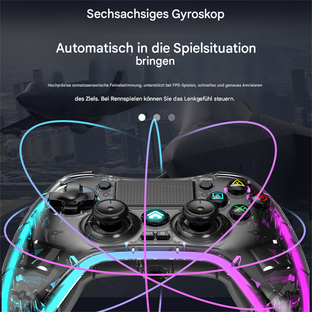 Controller mit bunten Lichtspuren, Text zum Gyroskop.