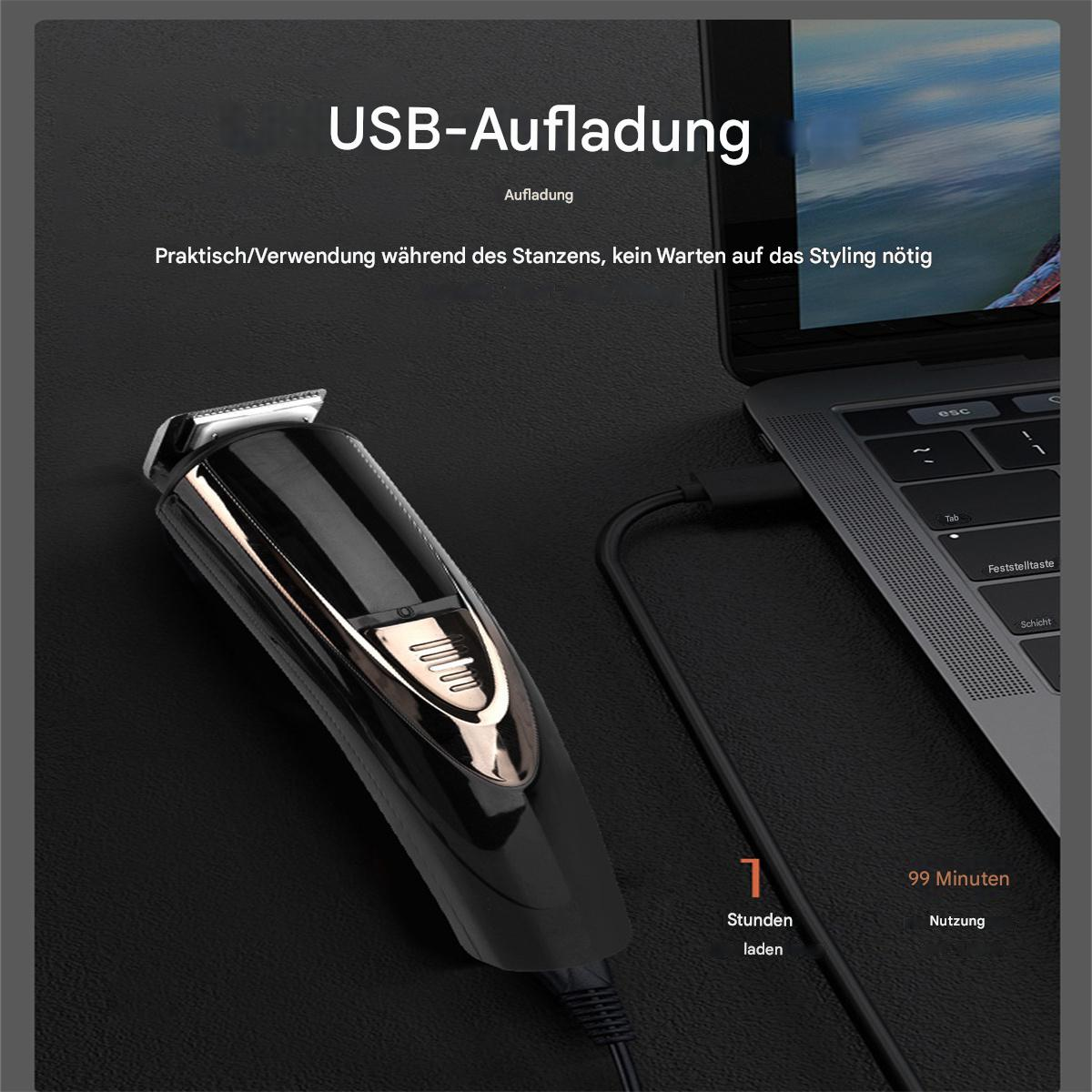 Schwarzer Haarschneider neben einem Laptop. Text: 'USB-Auflandung'. Der Laptop zeigt ein Ladekabel.