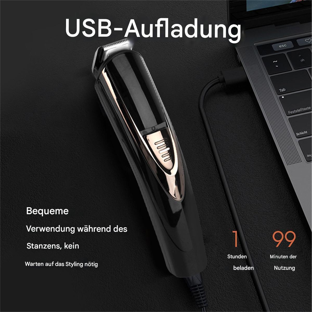 Ein schwarzer und goldener Elektrorasierer, der geladen wird. Der Rasierer ist an einen Laptop angeschlossen.