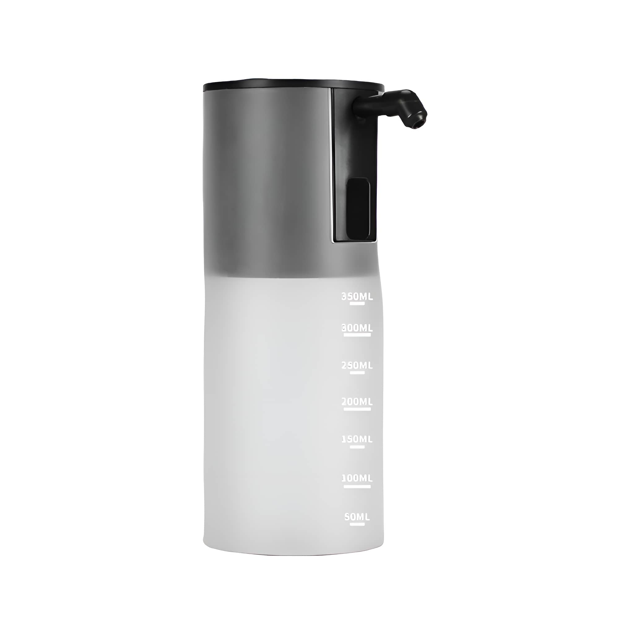 Grauer und schwarzer automatischer Seifenspender mit einem transparenten 350-ml-Behälter. Der Spender hat einen Auslauf.