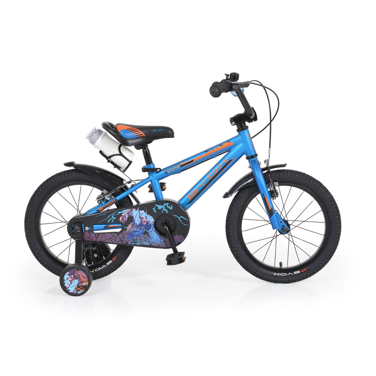 Blaues Kinderfahrrad mit Stützrädern, blauem Rahmen, schwarzen Reifen und Grafiken. Mit schwarzem Lenker und schwarzem Sattel.