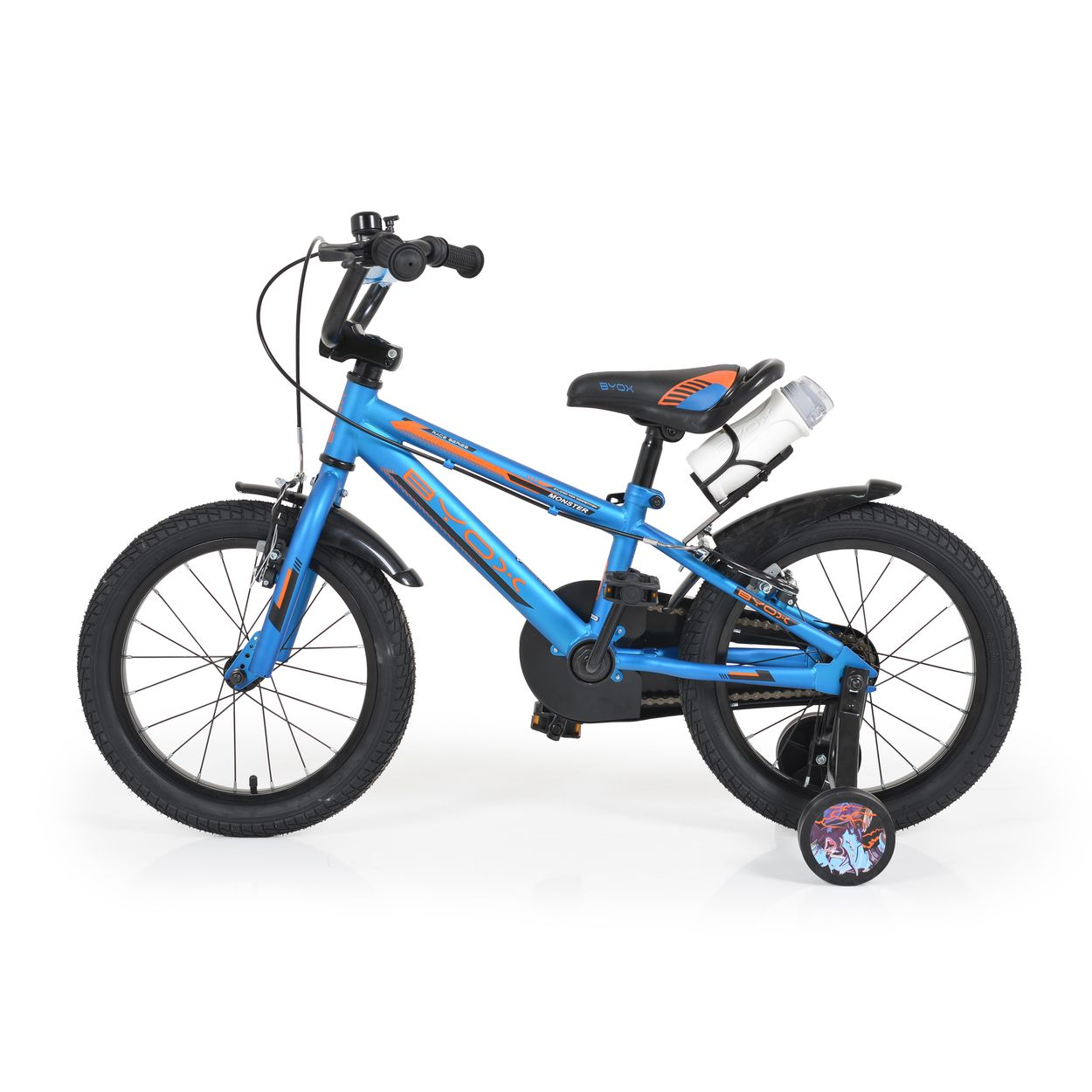 Blaues Kinderfahrrad mit Stützrädern, schwarzen Reifen und einem Flaschenhalter.