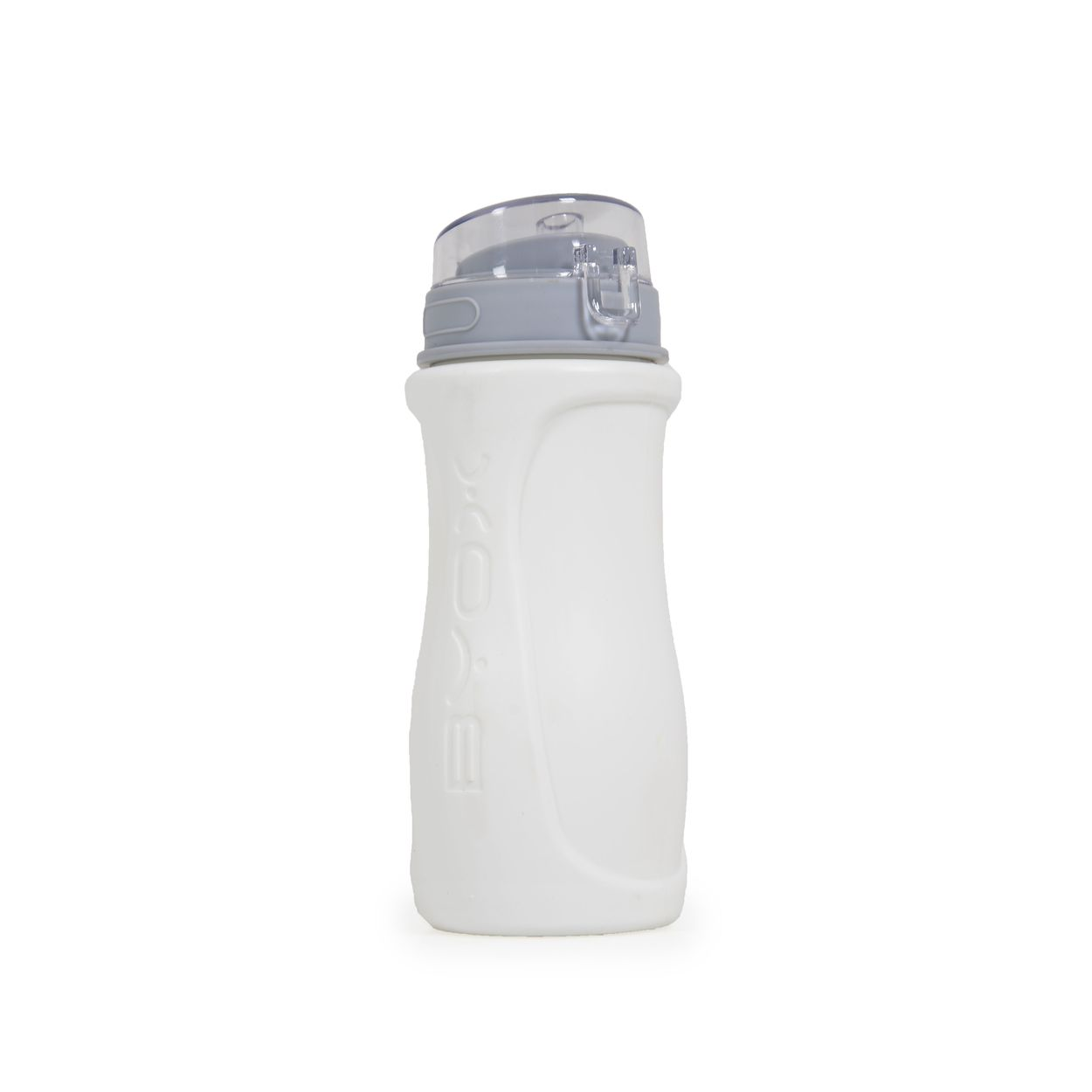 Eine weiße Wasserflasche mit grauem Deckel, isoliert auf weißem Hintergrund.