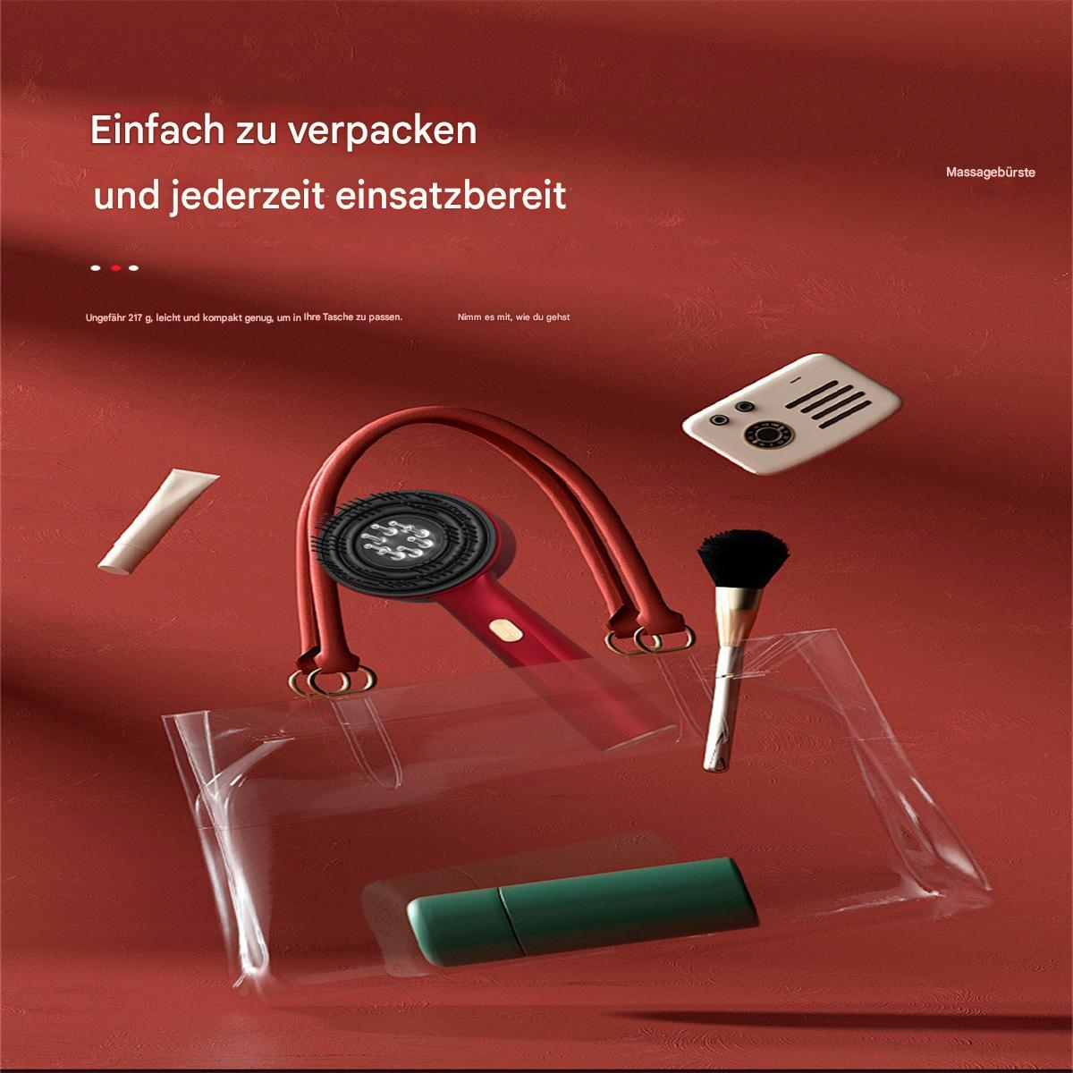 Roter Hintergrund mit Schönheitswerkzeugen und einer durchsichtigen Tasche. Text: Einfach zu verpacken und jederzeit einsatzbereit.