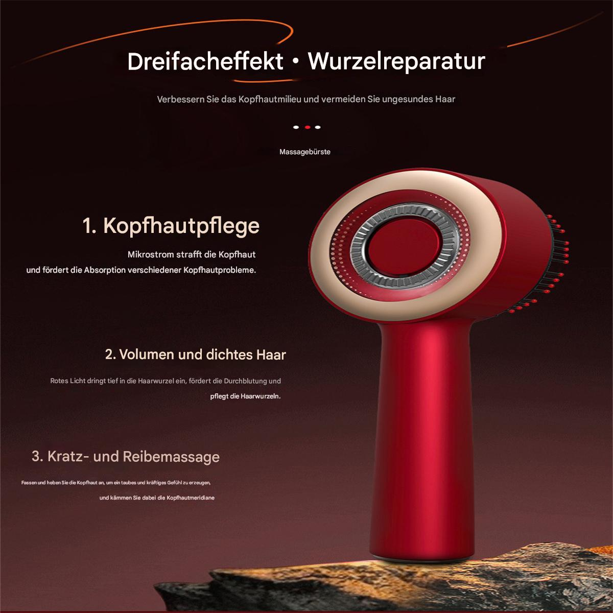 Roter und goldener Haarmassager. Er hat einen roten Körper mit einem goldenen Oberteil. Text auf Deutsch.