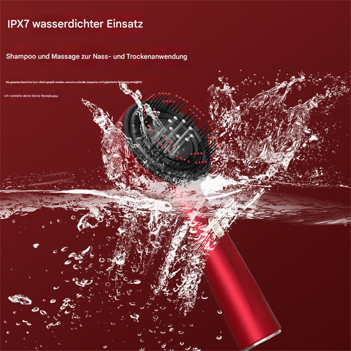 Roter und schwarzer Haartrockner im Wasser mit Spritzern. Das Bild zeigt Blasen und Wasserspritzer.