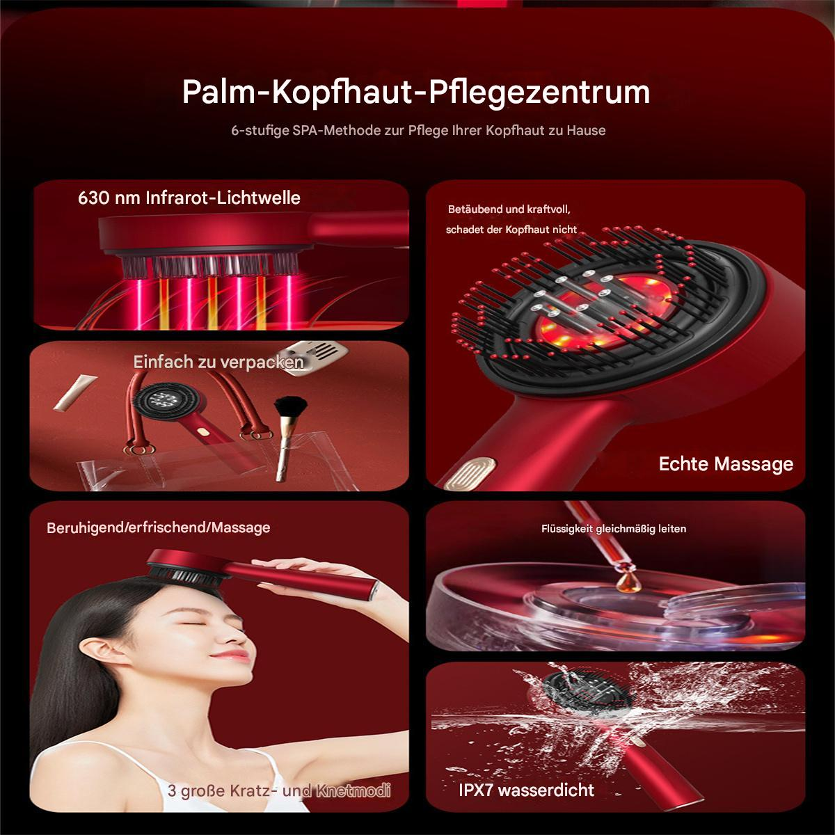 Rotes Haarpflegegerät mit mehreren Funktionen und eine Frau, die es benutzt.