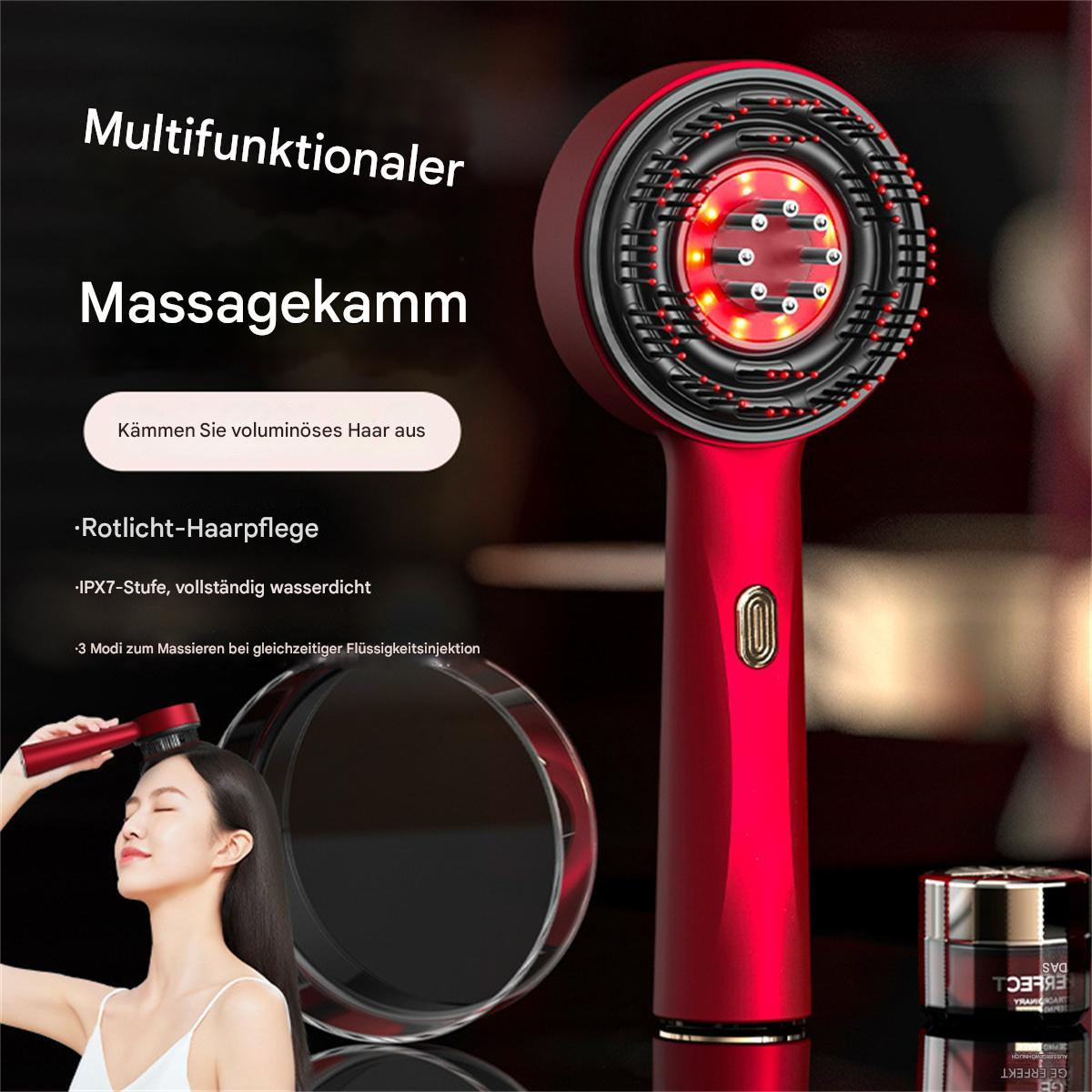 Roter Haarmassagegerät, eine Frau benutzt es, Spiegel und Cremetiegel auf schwarzem Grund.