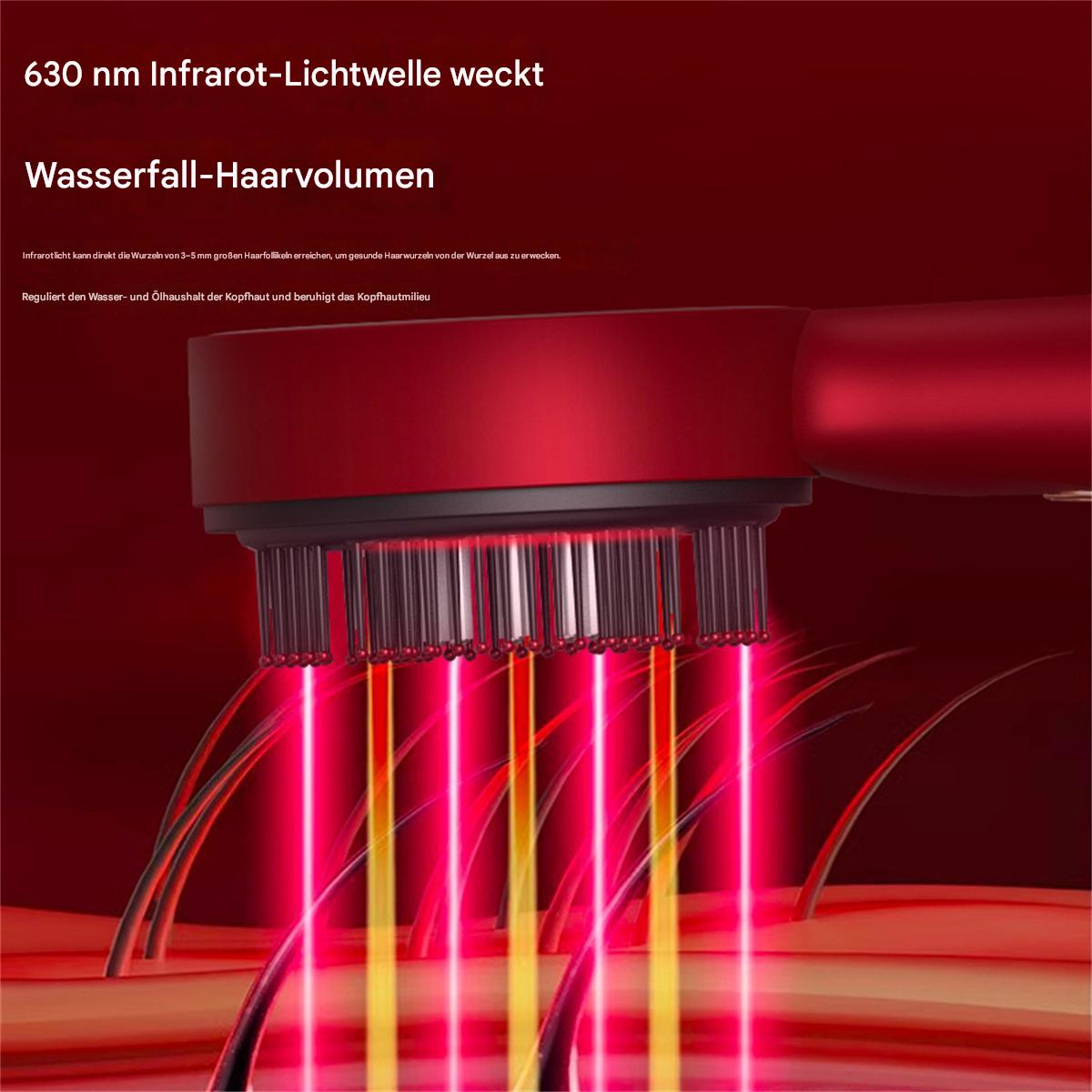 Ein rotes Haarbehandlungsgerät, das rotes Licht auf die Kopfhaut und die Haarsträhnen emittiert.