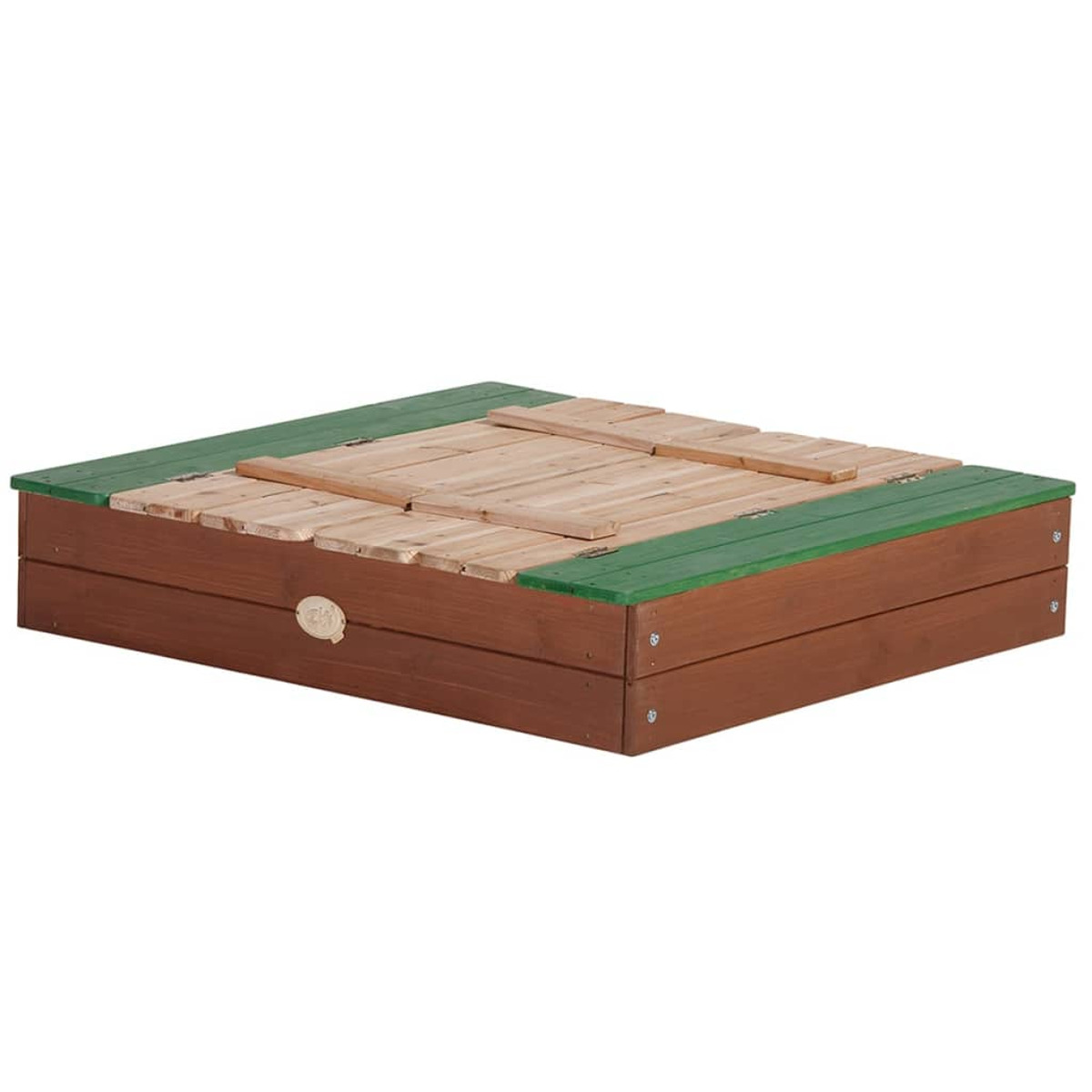 Holzsandkasten mit grüner Verkleidung und teilweise Holzabdeckung.