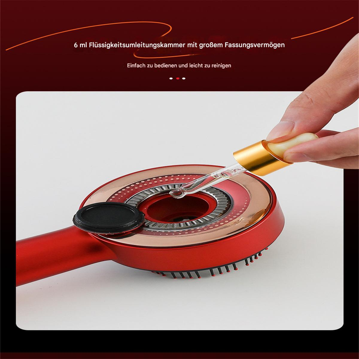 Ein rotes Haarpflegegerät. Eine Hand trägt die Flüssigkeit mit einer Pipette auf.
