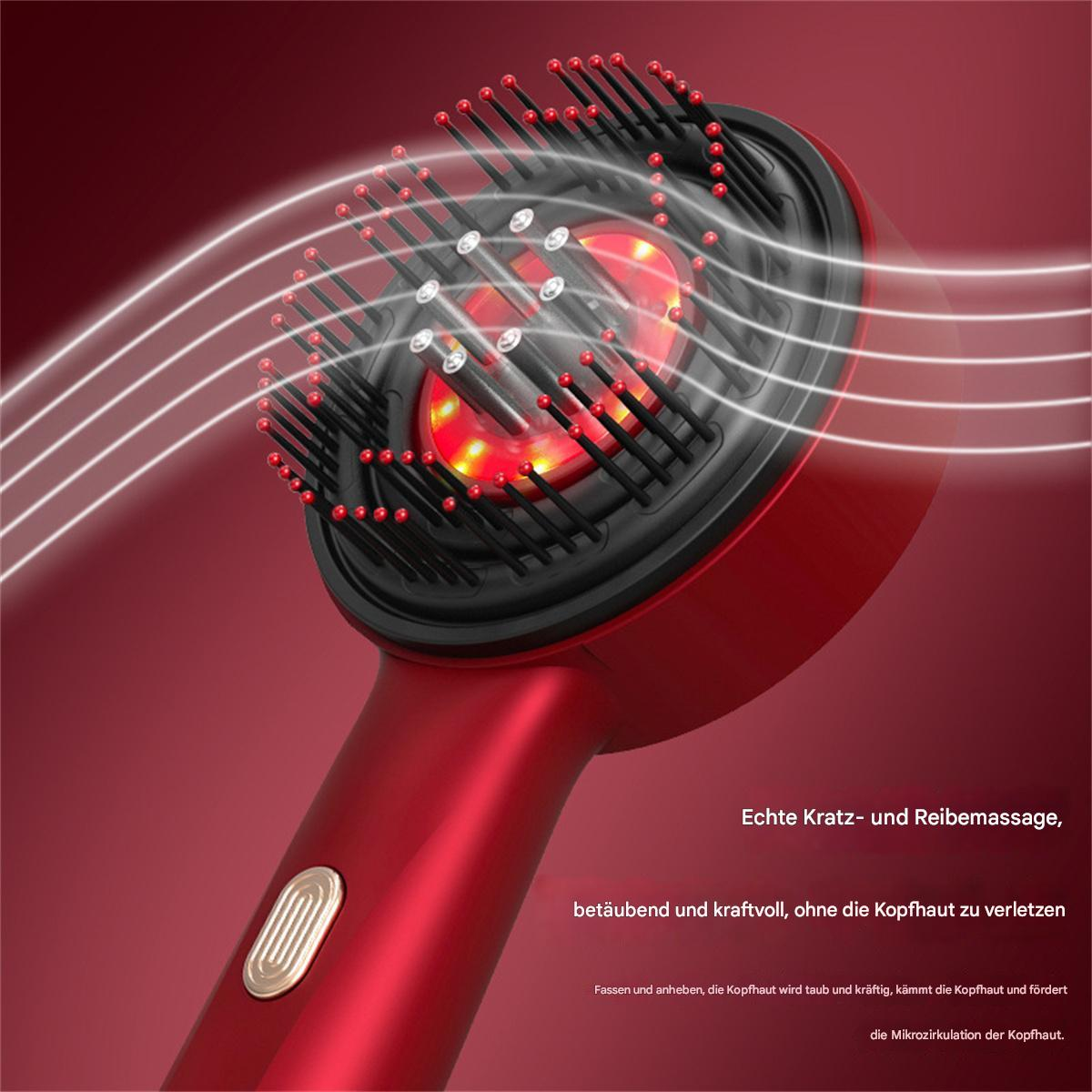 Roter Haarmassagegerät mit roten Borsten und einem weißen Dampfeffekt.