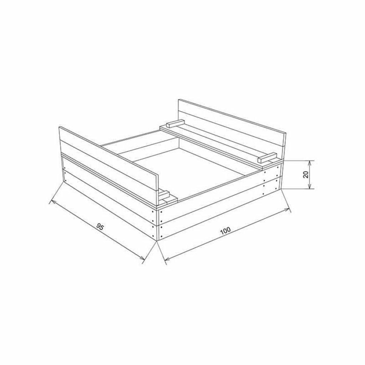 Zeichnung eines Holzpflanzkastens mit Maßen. Rechteckige Box mit offener Oberseite.