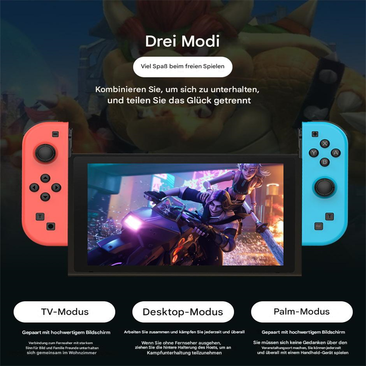 Eine Nintendo Switch mit roten und blauen Controllern, die das Spiel auf dem Bildschirm zeigt.