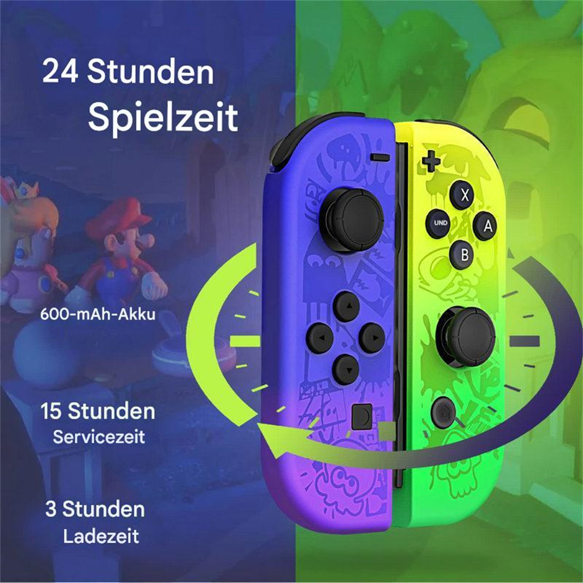 Zweifarbige Gamecontroller mit Knöpfen und Text, mit Akku- und Ladeinformationen.