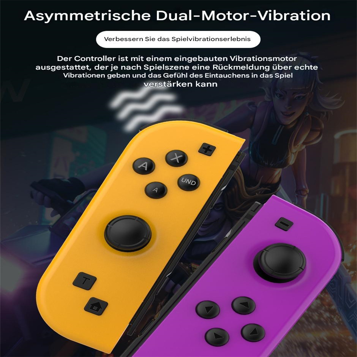 Gelber und violetter Gamecontroller mit Text über die Dual-Motor-Vibrationsfunktion, Nahaufnahme.