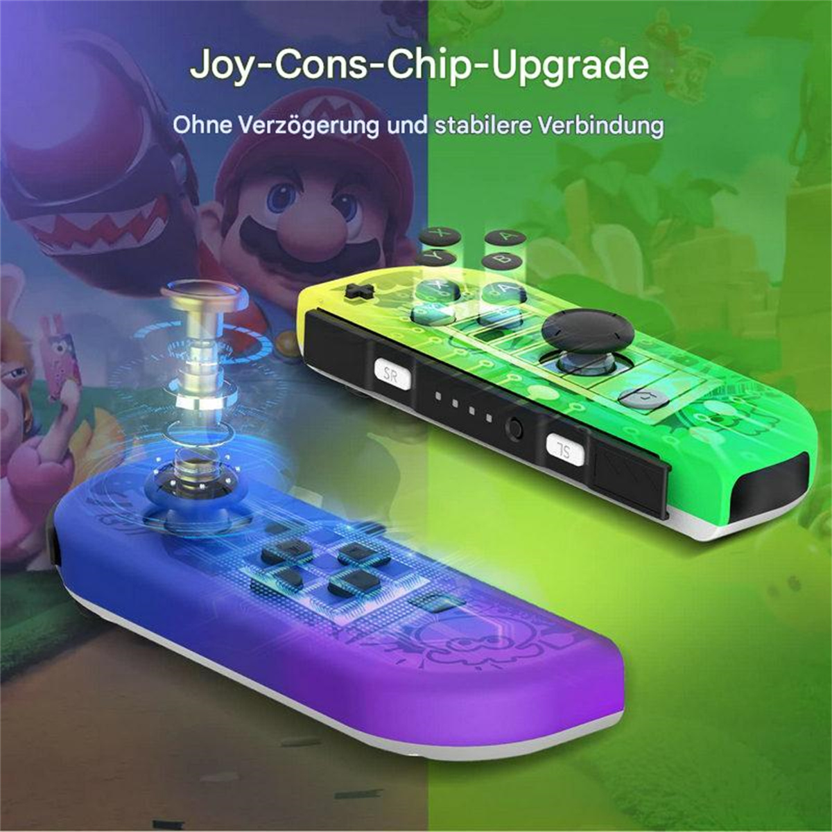 Zwei Gamecontroller, einer blau und einer grün, mit einem Mario-Charakter.