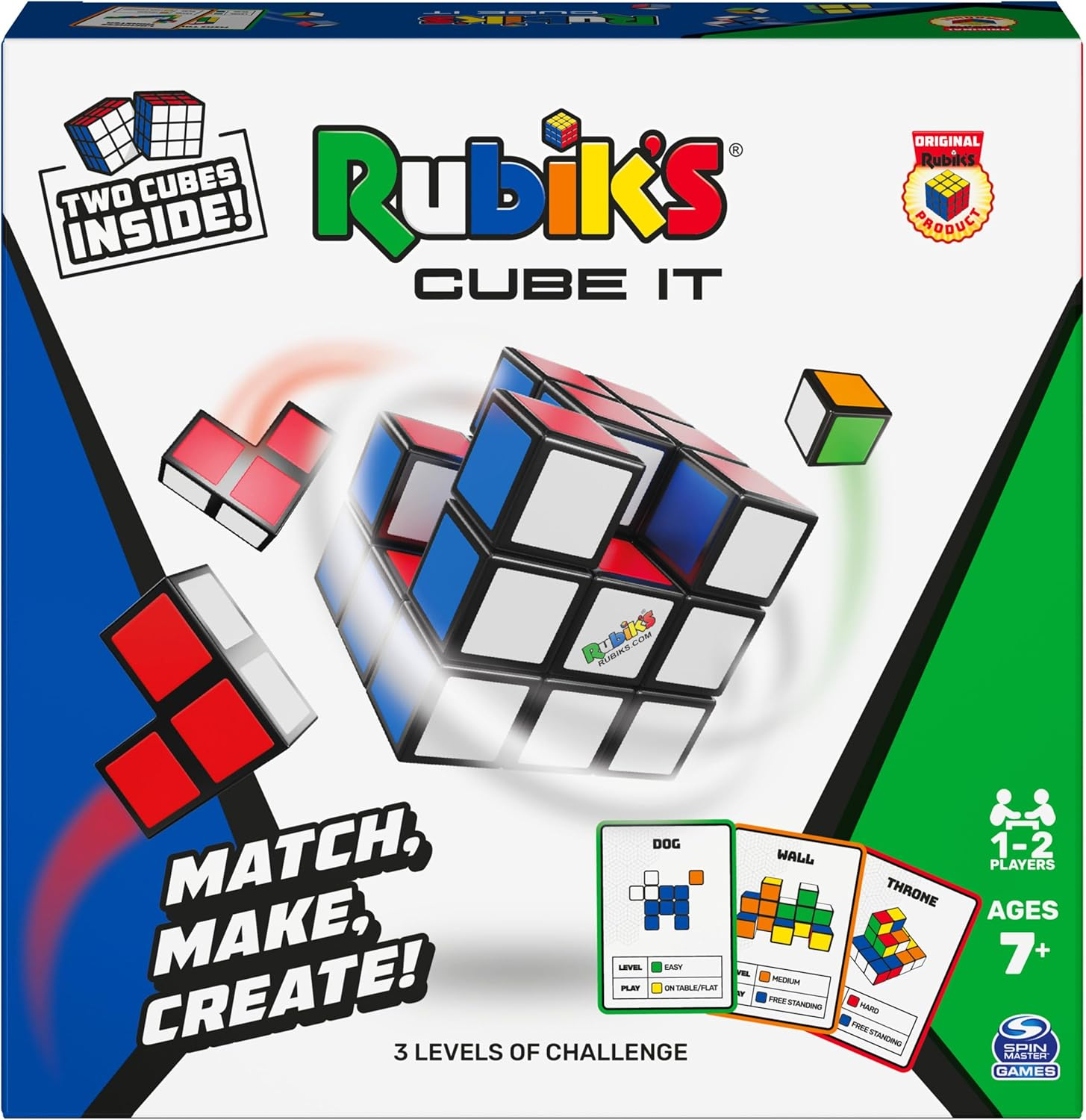 Eine Rubik's Cube-Box mit einem Würfel, zwei Würfelteilen und Karten. Text sagt "Match, Make, Create!". Alter 7+.