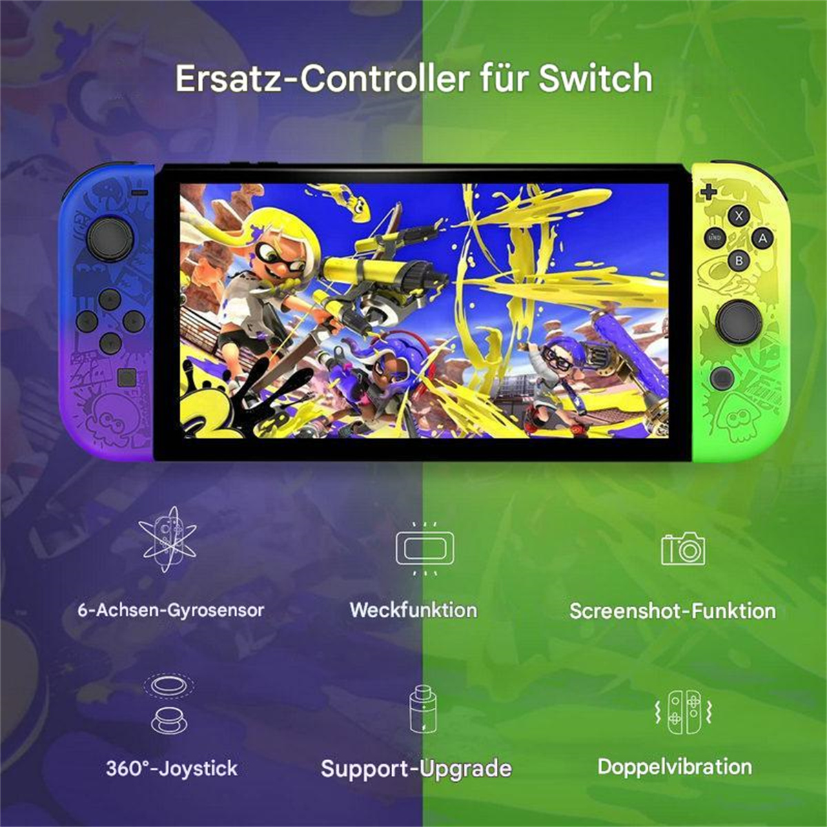 Ein mehrfarbiger Nintendo Switch-Controller mit einem Bildschirm, der ein Videospiel und Symbole darunter anzeigt.