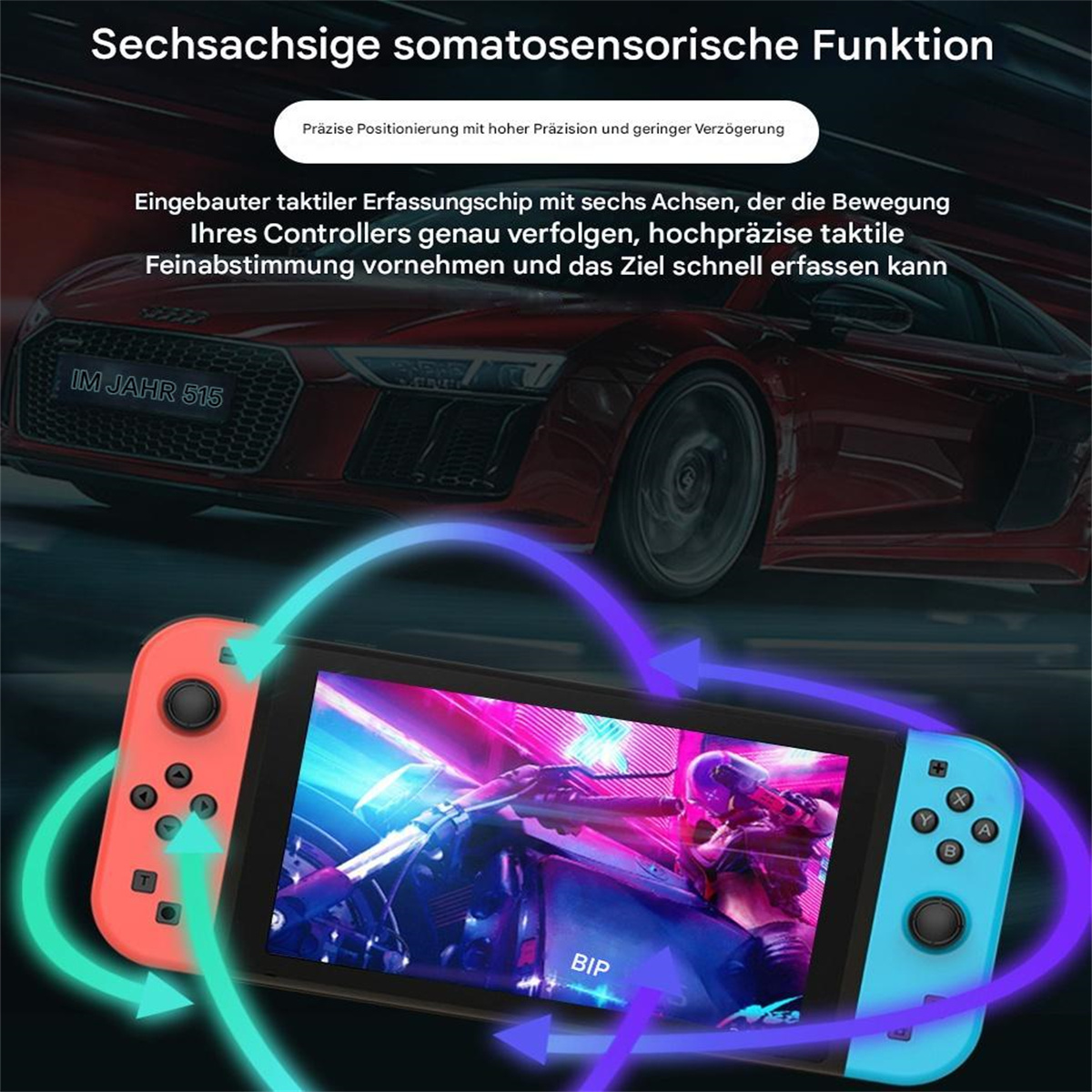 Gaming-Controller mit Text zur somatosensorischen Funktion und rotem Auto.