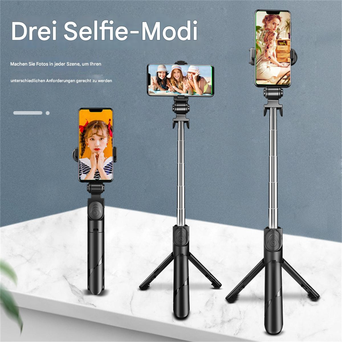 Drei Smartphones auf Selfie-Sticks in verschiedenen Modi. Zeigt Menschen beim Fotografieren. Schwarzer Hintergrund.