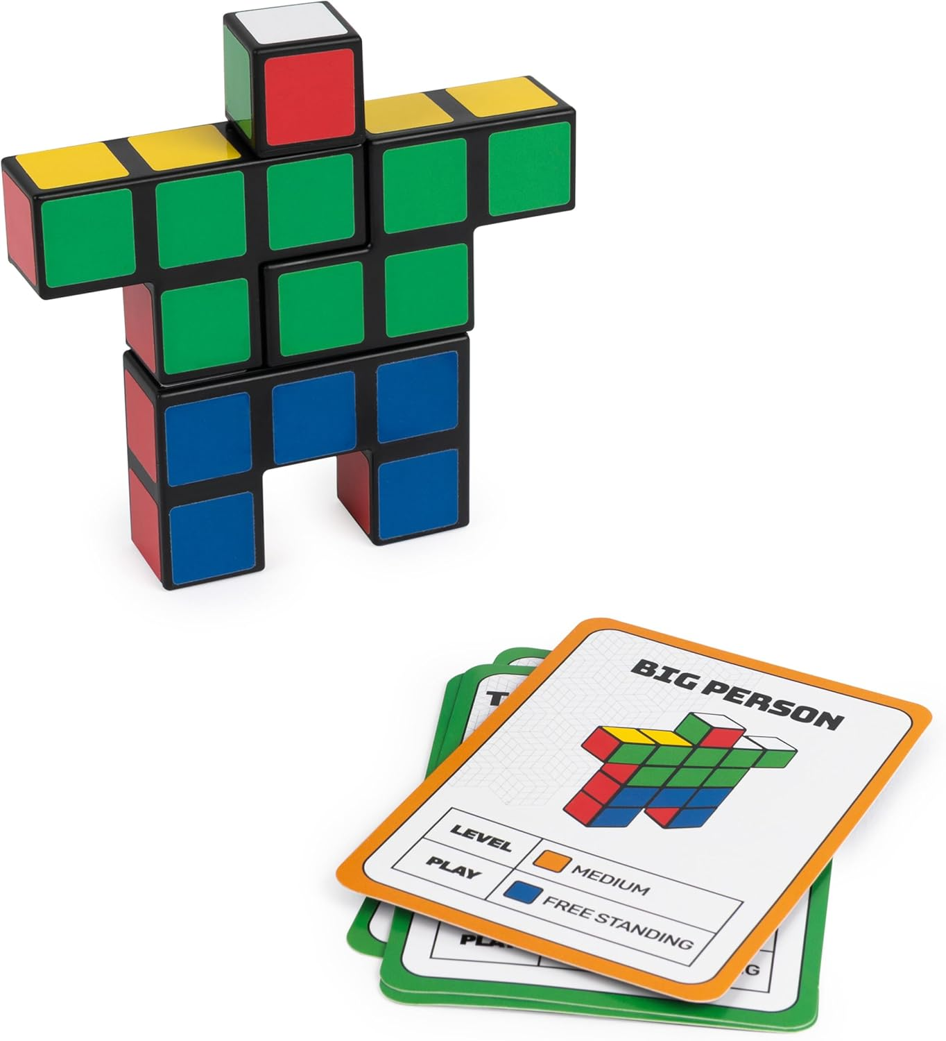 Rubik's Cube Figur in Menschenform, mit Karten, die verschiedene Konfigurationen zeigen.