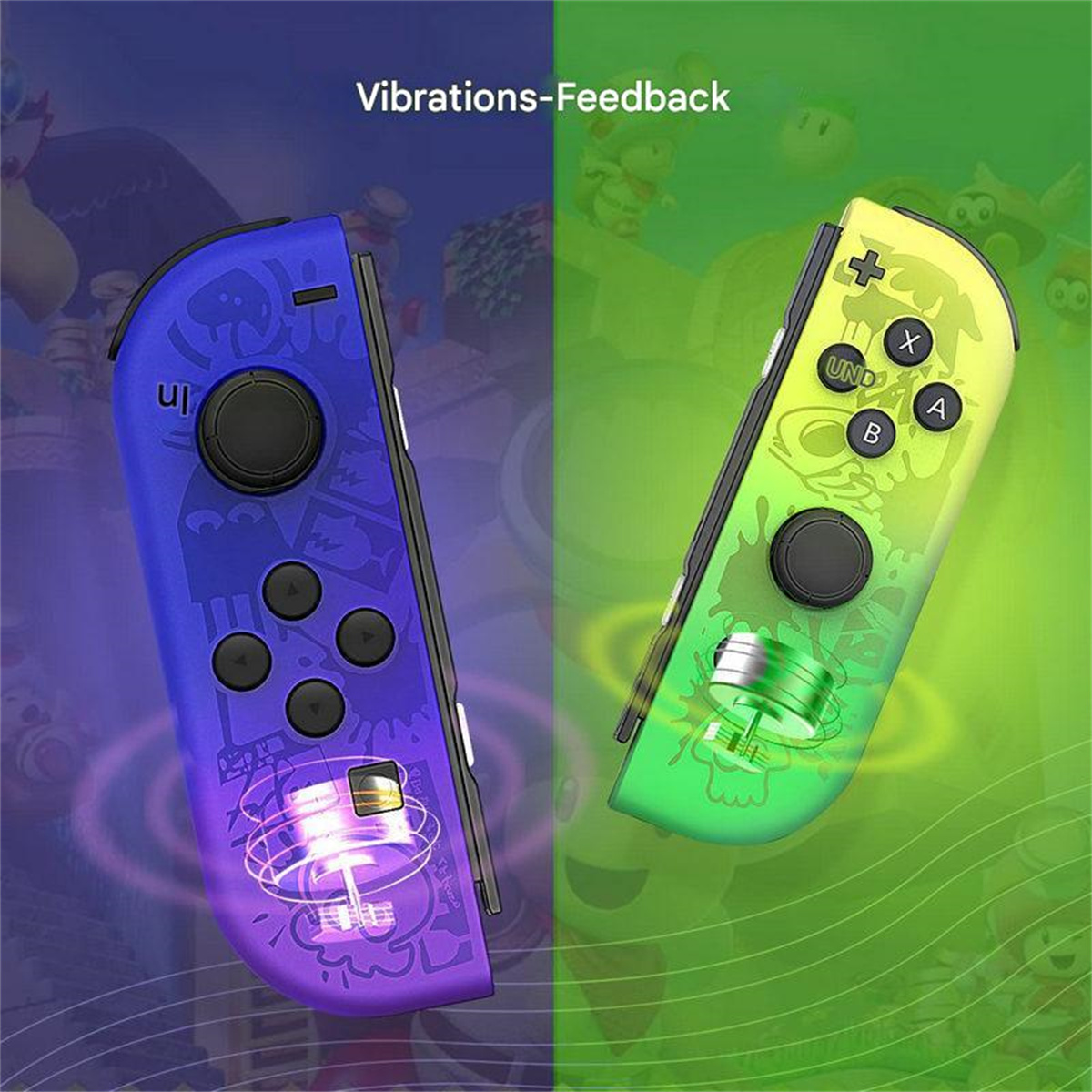 Zwei bunte Gamecontroller mit Knöpfen und Vibrations-Feedback. Blaue und grüne Controller.