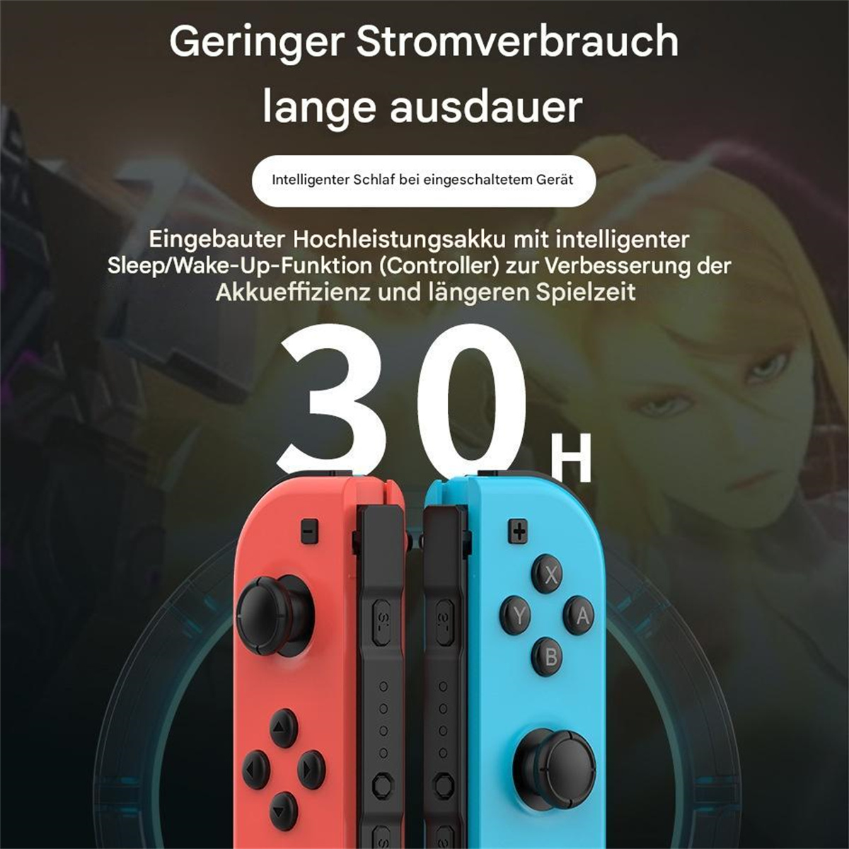 Rote und blaue Spielcontroller mit dem Bild einer Frau im Hintergrund, die 30 Stunden Akkulaufzeit anzeigt.
