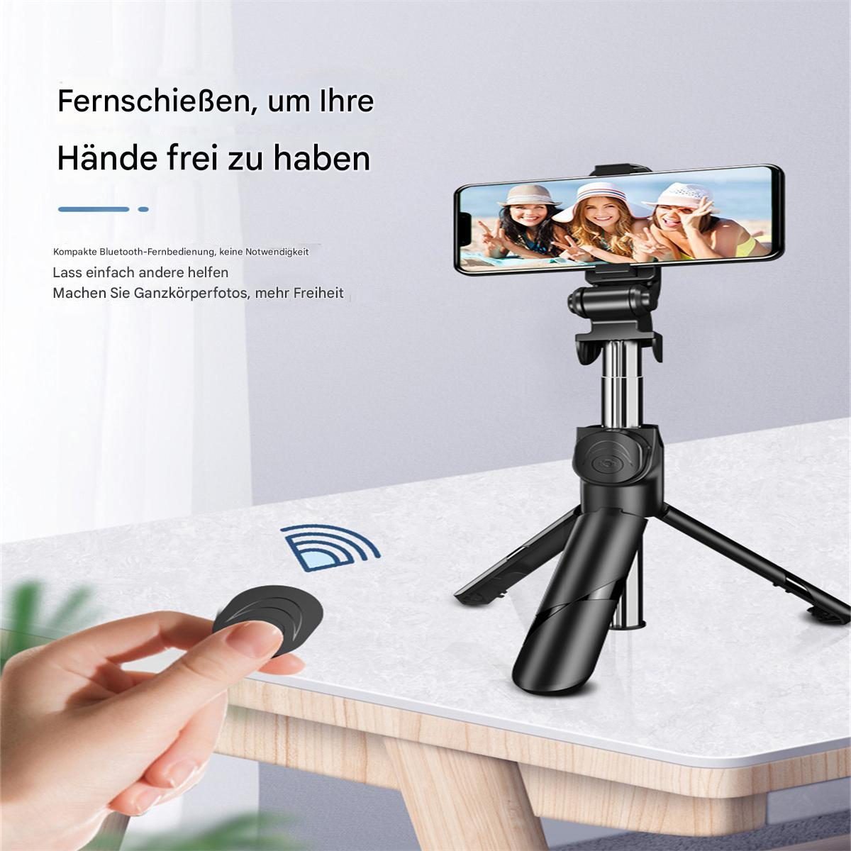 Ein Smartphone auf einem Stativ mit Fernbedienung für freihändige Fotos.