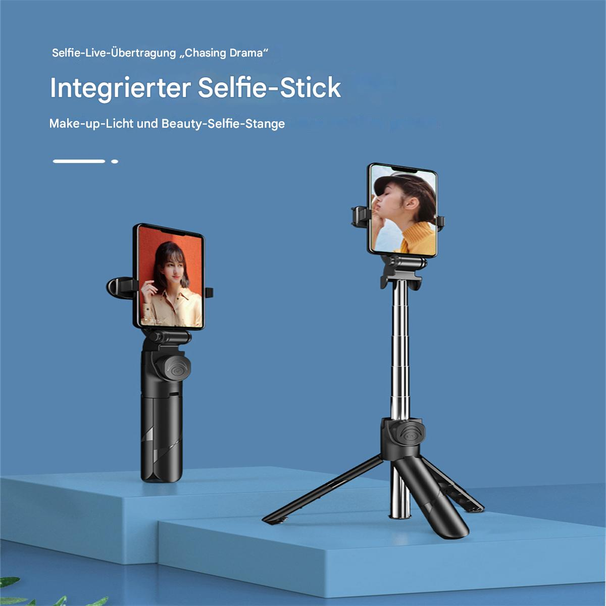 Zwei Selfie-Sticks, einer ausgezogen. Zwei Frauen sind auf den Telefonbildschirmen zu sehen. Blauer Hintergrund.
