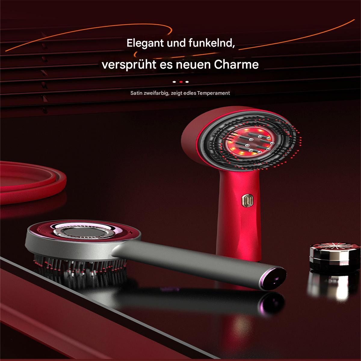 Ein rotes und ein silbernes Haarpflegegerät werden gezeigt. Deutscher Text besagt, dass es neuen Charme bringt.