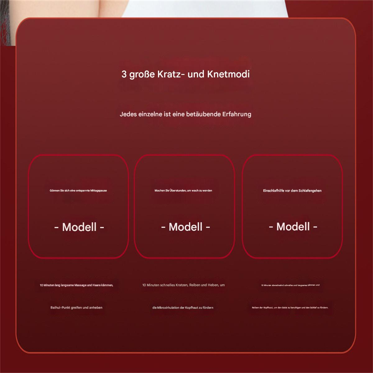 Ein roter Hintergrund mit weißem Text. Drei Kästen mit jeweils einem Modell und Text darunter.