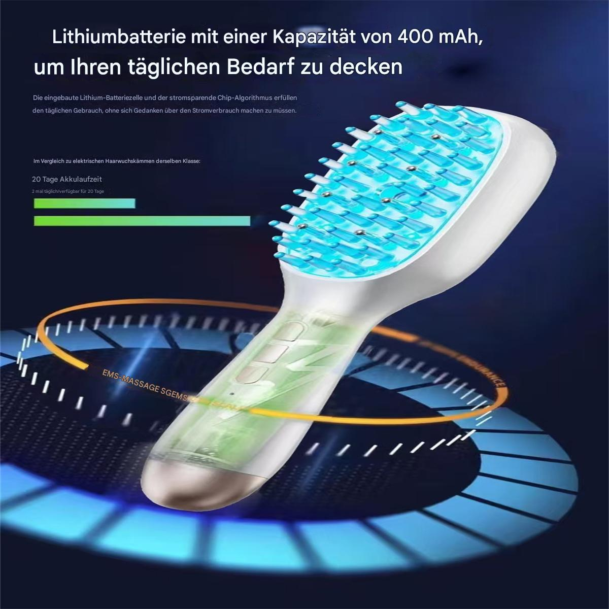Eine weiß-blaue elektrische Haarbürste. Die Bürste hat blaue Borsten und einen weißen Griff.
