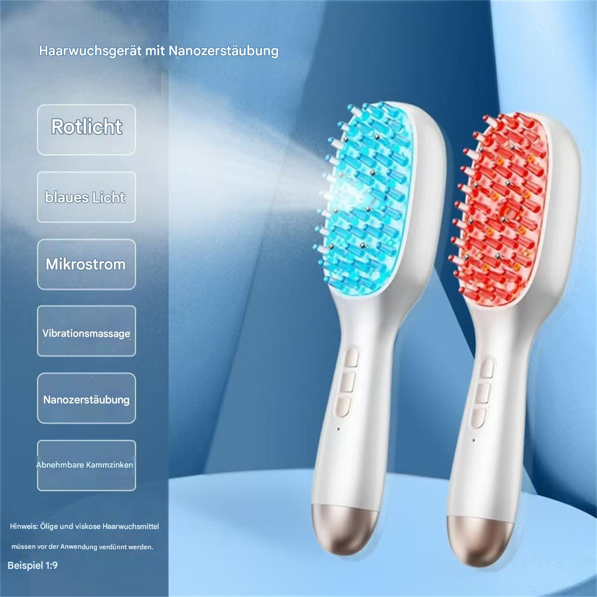 Zwei Haarwuchsbürsten, blau und rot, mit Lichttherapie- und Massagefunktionen.