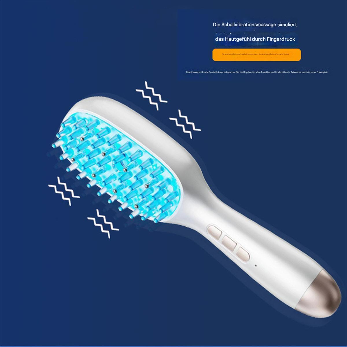 Eine weiße und blaue Bürstenmassagegerät. Es hat blaue Borsten und drei Knöpfe.
