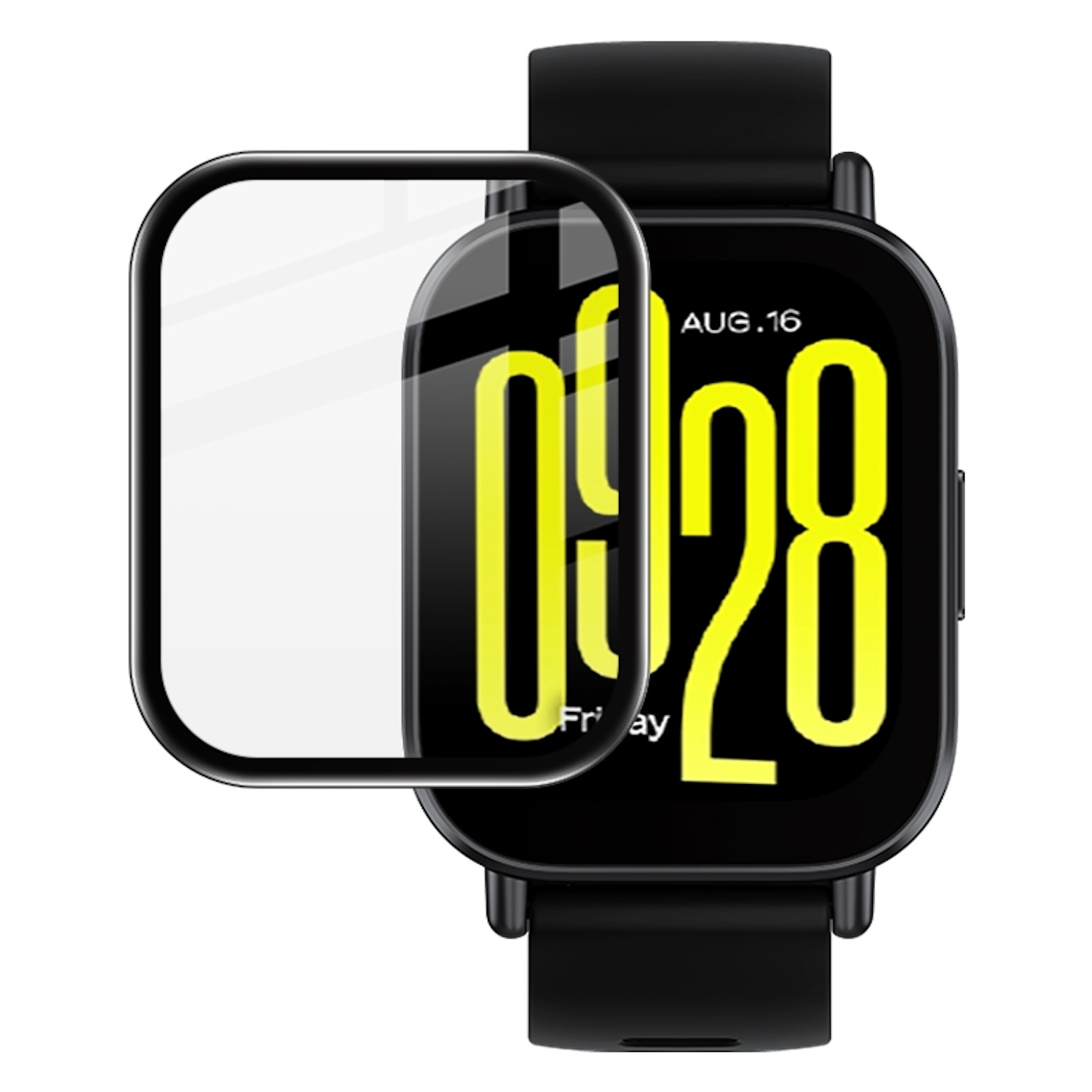 Smartwatch nero con protezione schermo. L'orologio mostra data e ora.