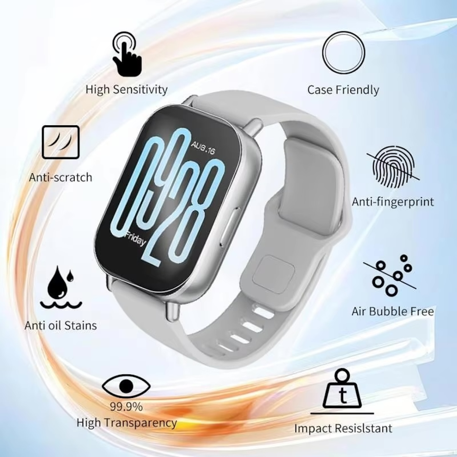 Smartwatch mit grauem Armband. Anzeige zeigt Zeit und Datum. Symbole um die Uhr.