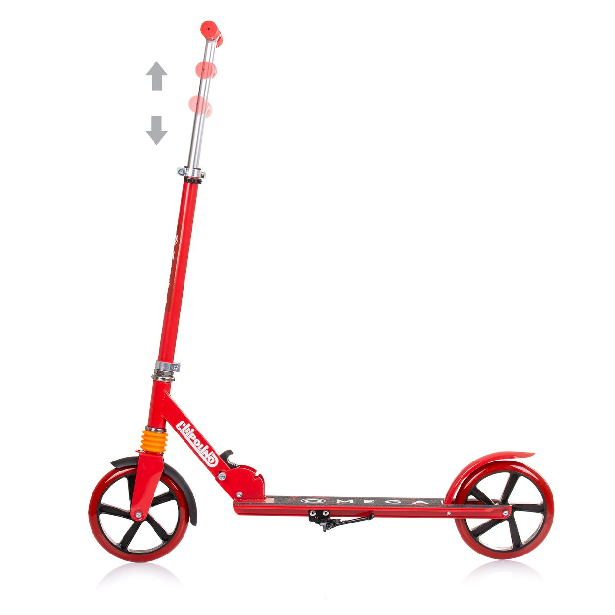 Un patinete rojo con ruedas negras y manillar ajustable, aislado sobre blanco.
